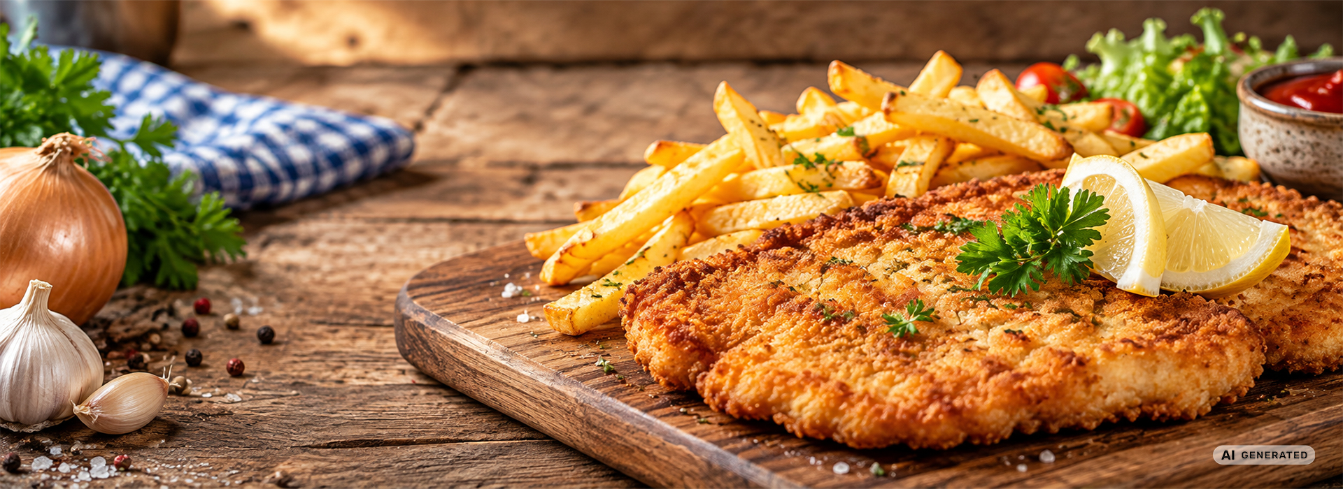 Bild eines Schnitzelgerichts auf Grill, KI generiert